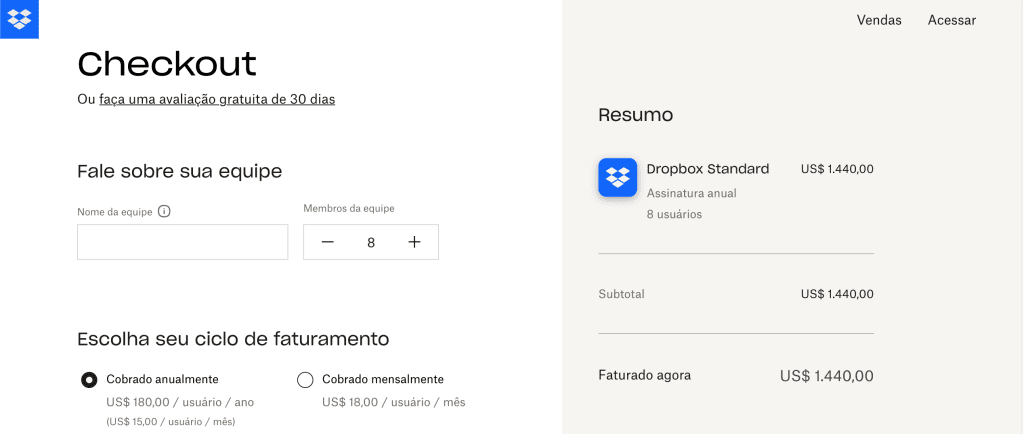 Comparativo de preço com a ferramenta Dropbox