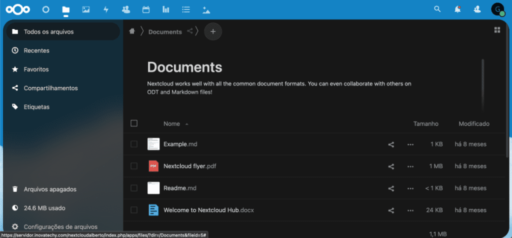 Tela de listagem de arquivos do Nextcloud